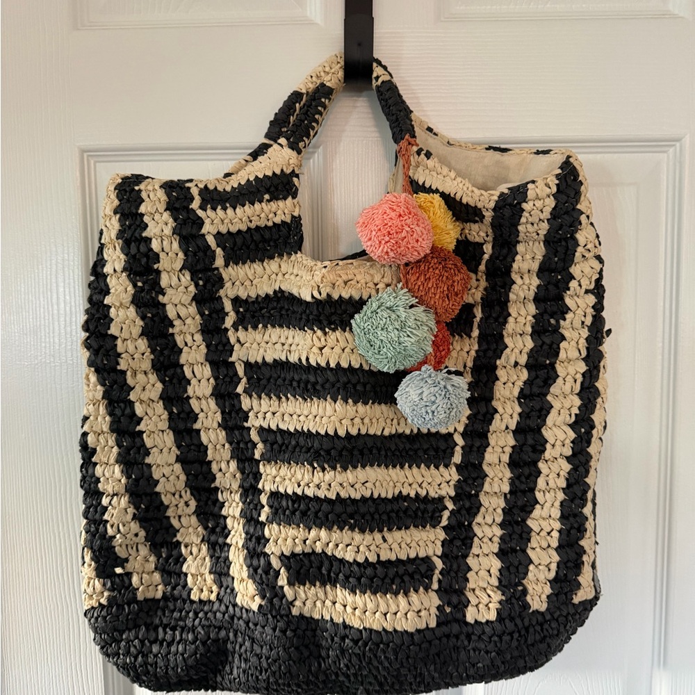 Billabong Talk to the Palm Striped Black and White Tote Bag with Pom Poms